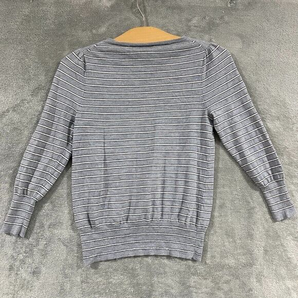 J Crew 100% Merino Wool Striped Gray Sweater Crewneck 3/4 Sleeve Womens Sz XS - Picture 2 of 8